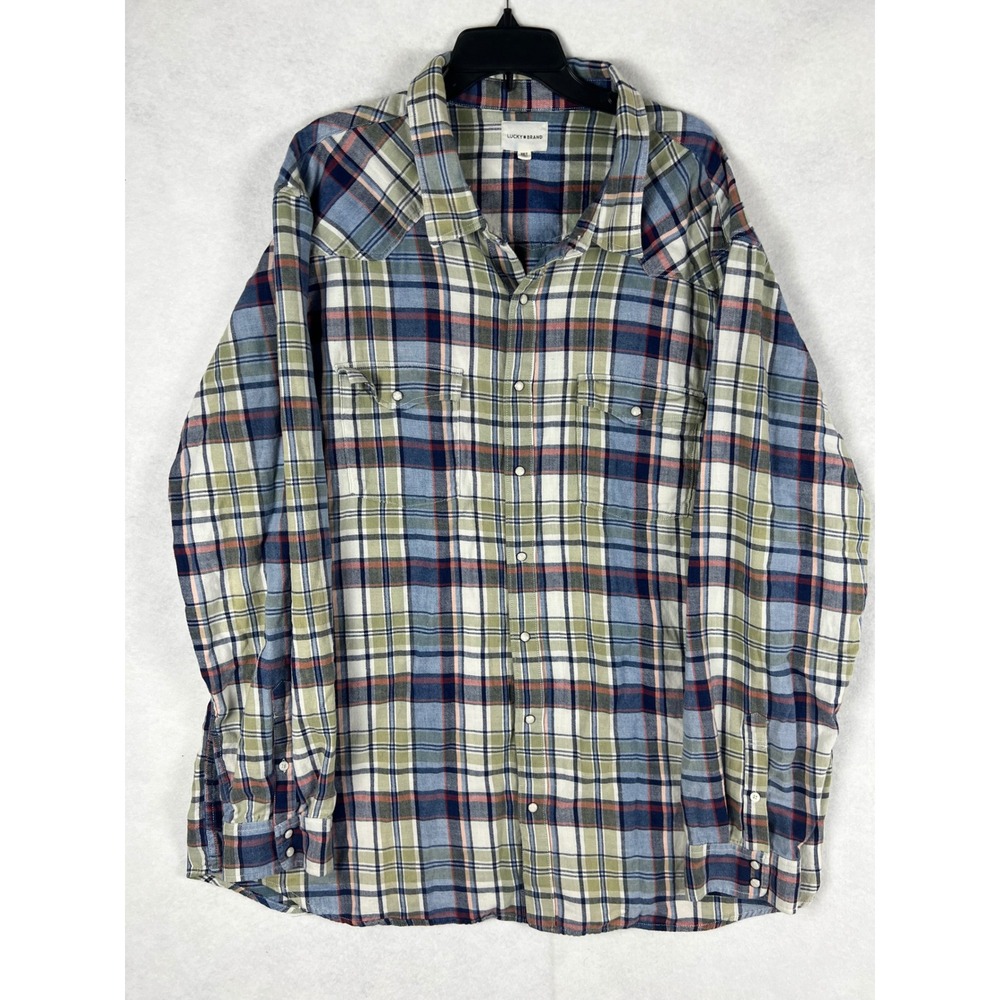 Lucky Brand Mens 3XLT Western Pearl Snap Plaid Flannel Shirt Blue Green Cotton